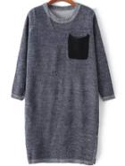 Romwe Long Sleeve Split Side Blue Sweater Dress With Pocket