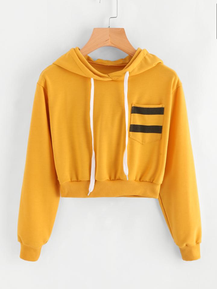 Romwe Striped Chest Pocket Crop Hoodie