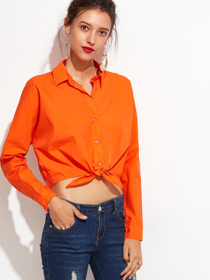 Romwe Orange Tie Front Crop Blouse
