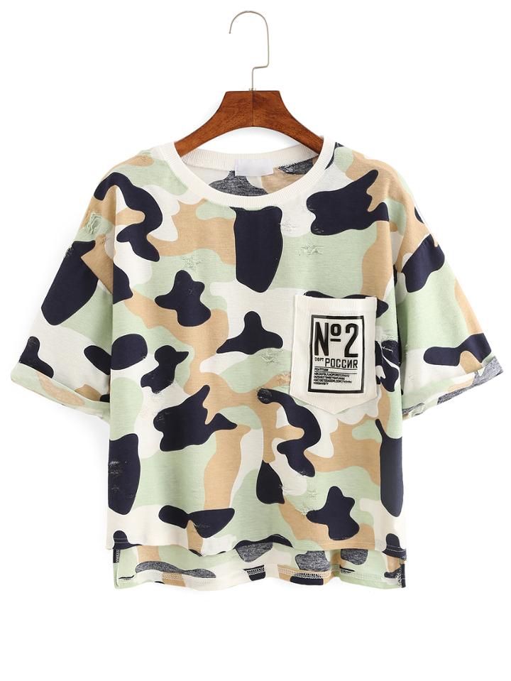 Romwe Camouflage High-low Pocket T-shirt - Green