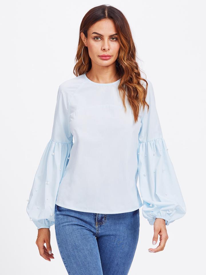 Romwe Exaggerated Lantern Sleeve Pearl Detail Blouse