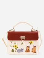 Romwe Sunflower And Cat Embroidery Pu Grap Bag