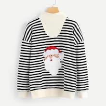 Romwe Men Christmas Embroidered Striped Sweatshirt