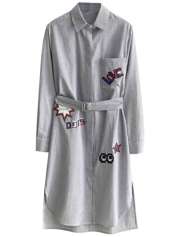 Romwe Blue Vertical Striped Embroidered Shirt Dress With Self Tie