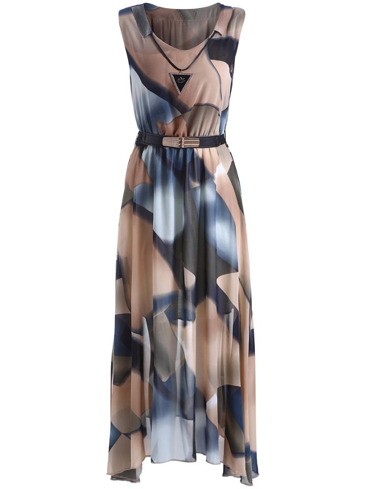Romwe Sleeveless Abstract Print Chiffon Dress