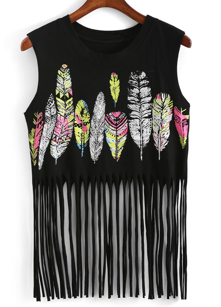 Romwe With Tassel Feather Print Black Tank Top