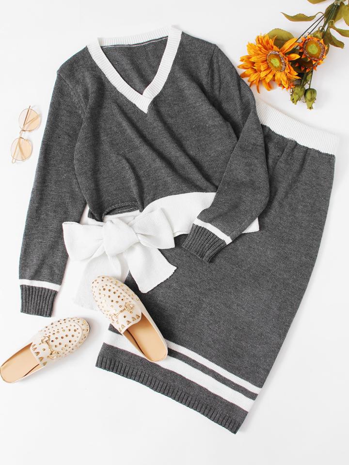 Romwe V Neckline Side Bow Tie Sweater And Pencil Skirt Set