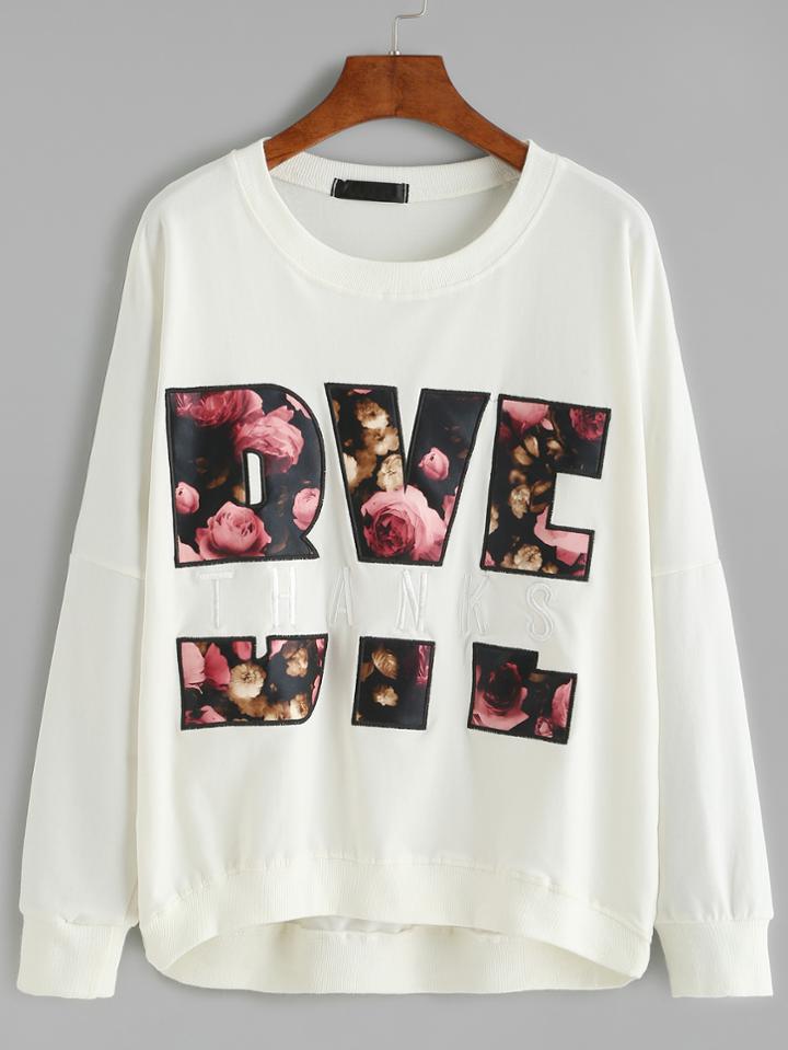 Romwe White Letter Embroidered Drop Shoulder Sweatshirt