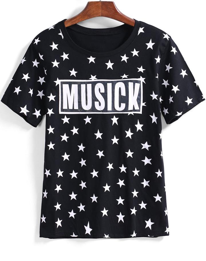 Romwe Star Letter Print Black T-shirt