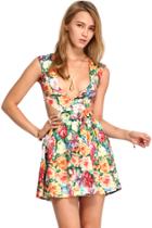 Romwe Romwe V-neck Cut-out Floral Print Pleated Dress
