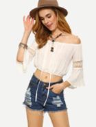 Romwe Off-the-shoulder Lace Insert Crop Top - White