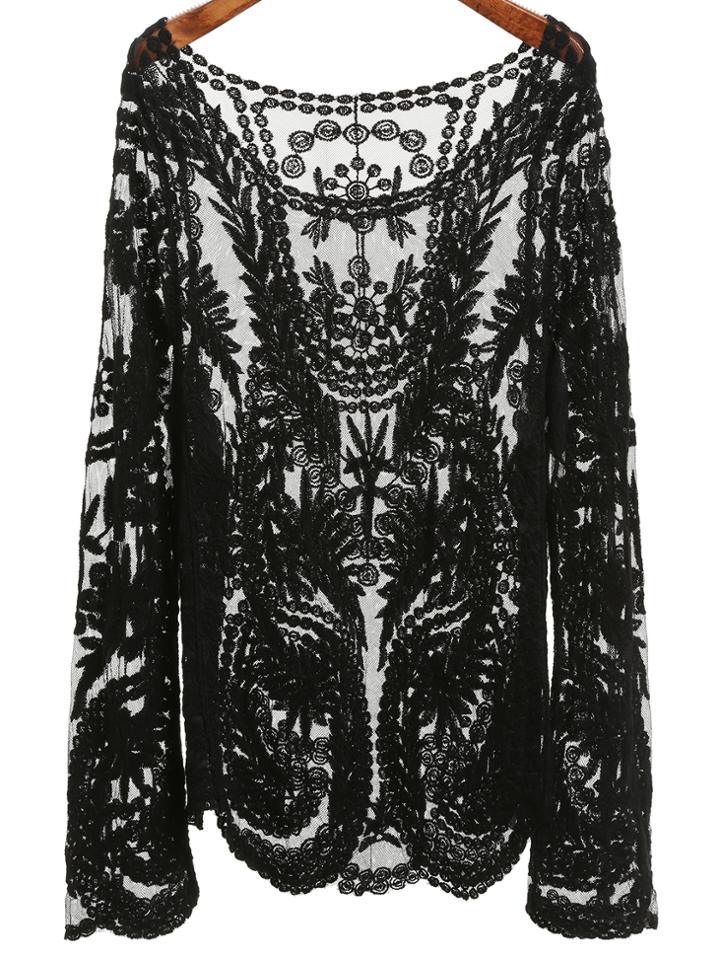 Romwe Black Sheer Lace Shirt