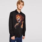 Romwe Guys Curved Hem Lion Pattern Shirt