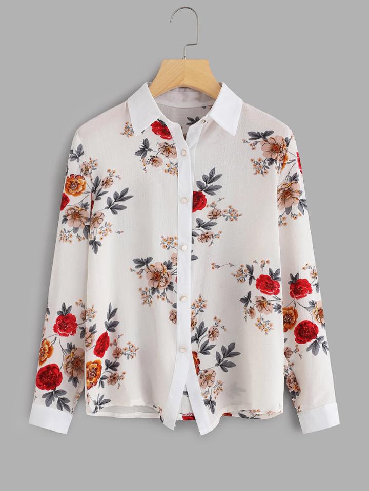 Romwe Random Botanical Print Shirt