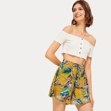 Romwe Tropical Print Drawstring Waist Shorts