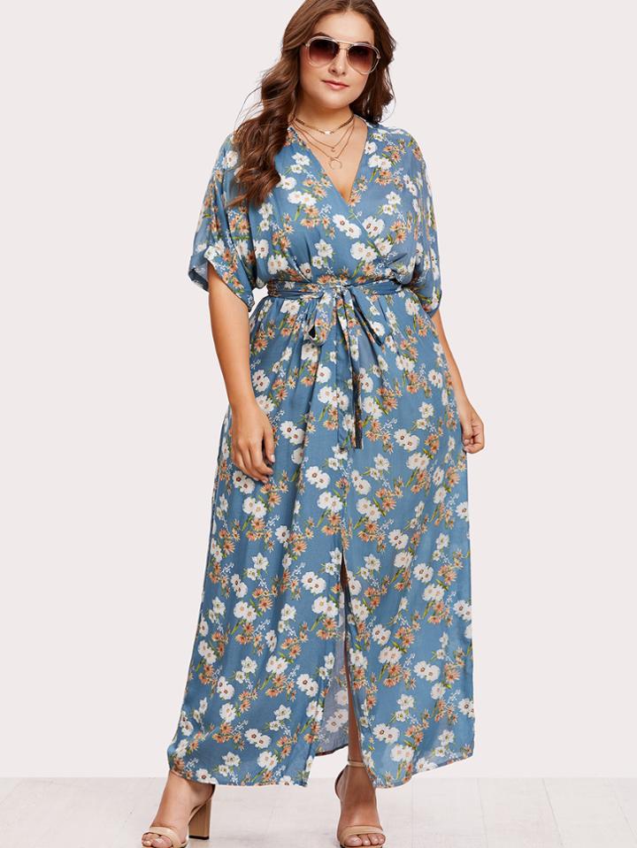 Romwe Calico Print Surplice Wrap Dress