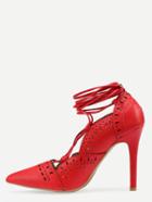 Romwe Red Laser Cut Lace-up Pointed Toe Pumps