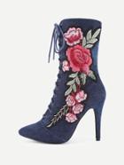 Romwe Rose Applique Pointed Toe Stiletto Boots