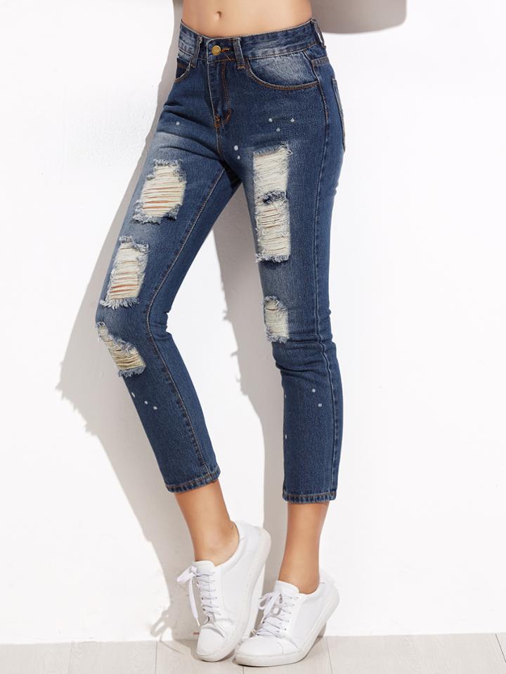 Romwe Blue Ripped Slim Denim Pants
