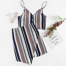 Romwe Button Front Striped Cami Top With Skirt