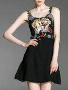 Romwe Black Spaghetti Strap Tiger Embroidered Dress