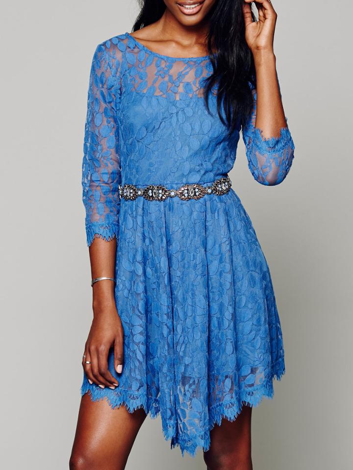 Romwe Round Neck Soluble Flowers Lace Blue Dress