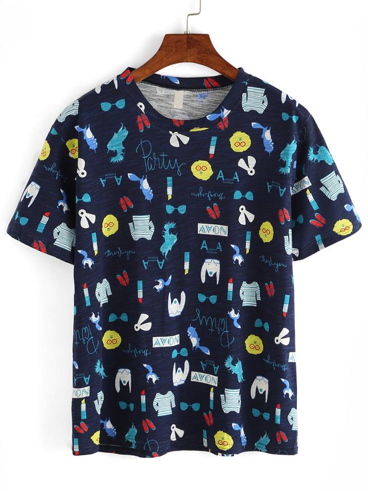 Romwe Allover Graffiti Print T-shirt