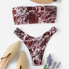 Romwe Marble Print Bandeau With High Cut Bikini Set