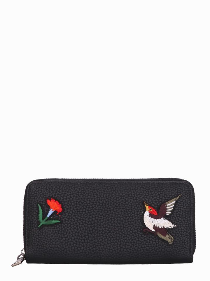 Romwe Flower Embroidery Zipper Pu Purse