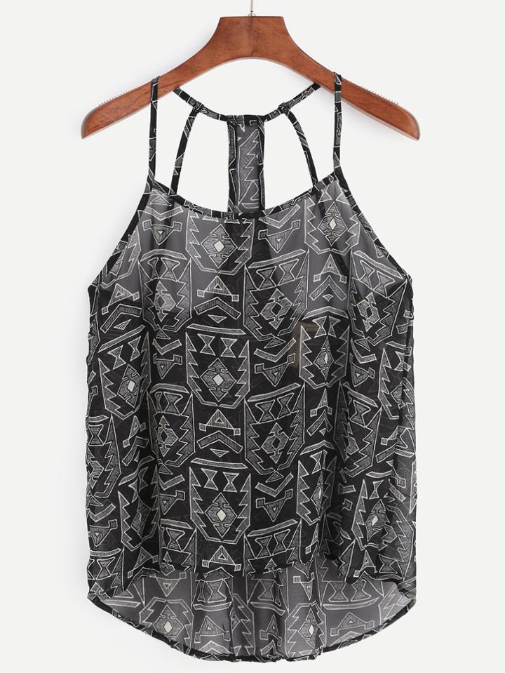 Romwe Black Geometric Print Caged Chiffon Cami Top
