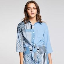 Romwe Pocket Front Knot Hem Patchwork Top