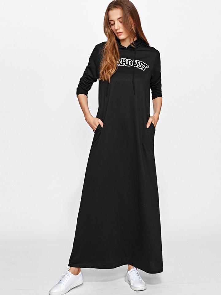 Romwe Embroidered Patch Detail Maxi Hoodie Dress