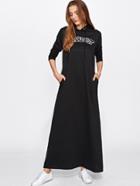 Romwe Embroidered Patch Detail Maxi Hoodie Dress