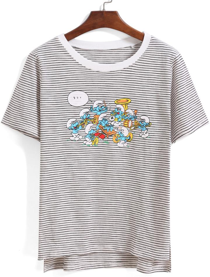 Romwe Dip Hem Striped Smurfs Print T-shirt