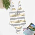 Romwe Striped Lace-up Low Back One Piece Swimsuit
