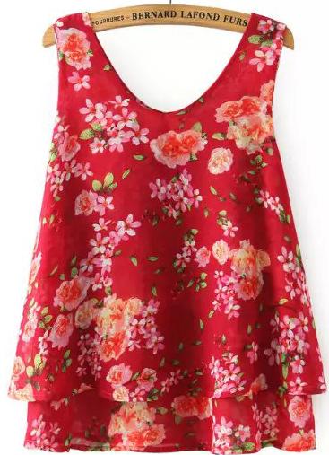 Romwe Double Layels Florals Chiffon Red Tank Top