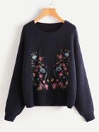 Romwe Botanical Embroidered Drop Shoulder Jumper