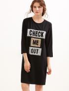 Romwe Black Letter Sequined Slit Side Tee Dress