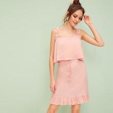 Romwe Frill Trim Cami Top With Knot Ruffle Hem Skirt