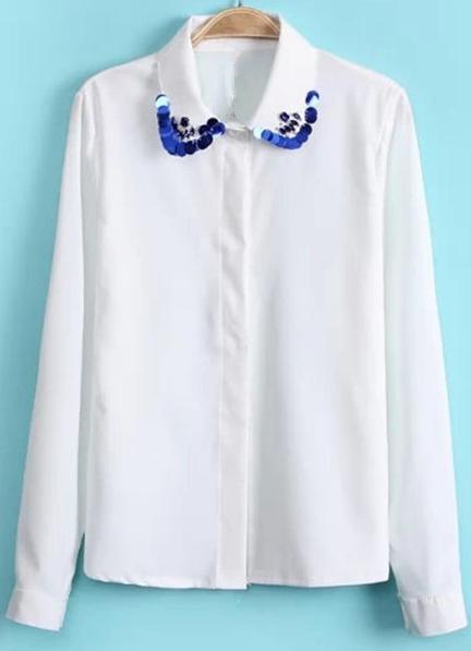 Romwe Rhinestone Lapel Chiffon White Blouse
