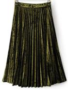 Romwe Olive Green Pleated Midi Velvet Skirt