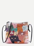 Romwe Cat Print Pocket Back Pu Shoulder Bag