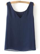 Romwe Navy V Neck Sleeveless Chiffon Vest