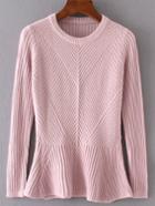 Romwe Pink Ruffle Hem Ribbed Sweater