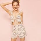 Romwe Confetti Heart Print Knot Front Cami Top With Shorts