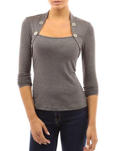 Romwe Long Sleeve Buttons Grey T-shirt