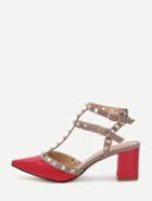 Romwe Red Faux Patent Studded Block Heel Sandals