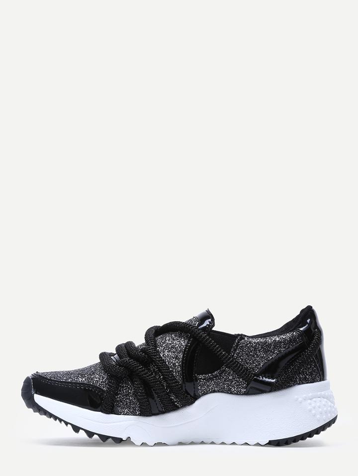 Romwe Black Crisscross Strappy Sequins Sneakers