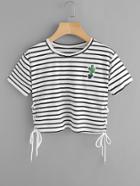 Romwe Cactus Patch Stripe Eyelet Lace Up Side Tee