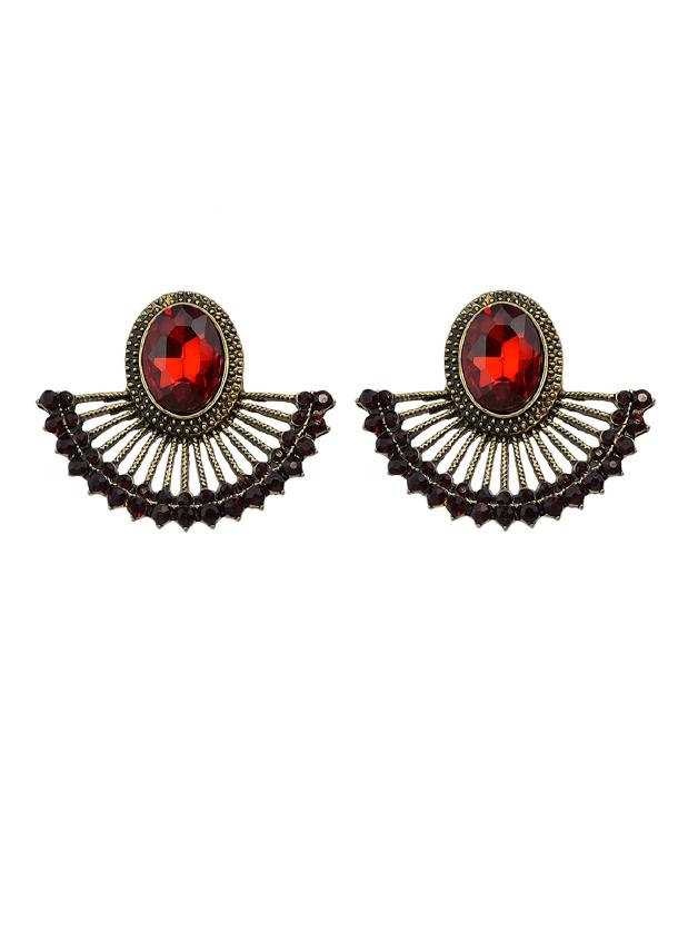 Romwe Red Retro Crystal Semicircle Stud Earrings